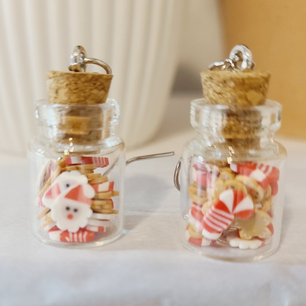 Handmade Tiny Christmas Jar Earrings Santa Candy Cane Bear Charm Dangle Jewelry